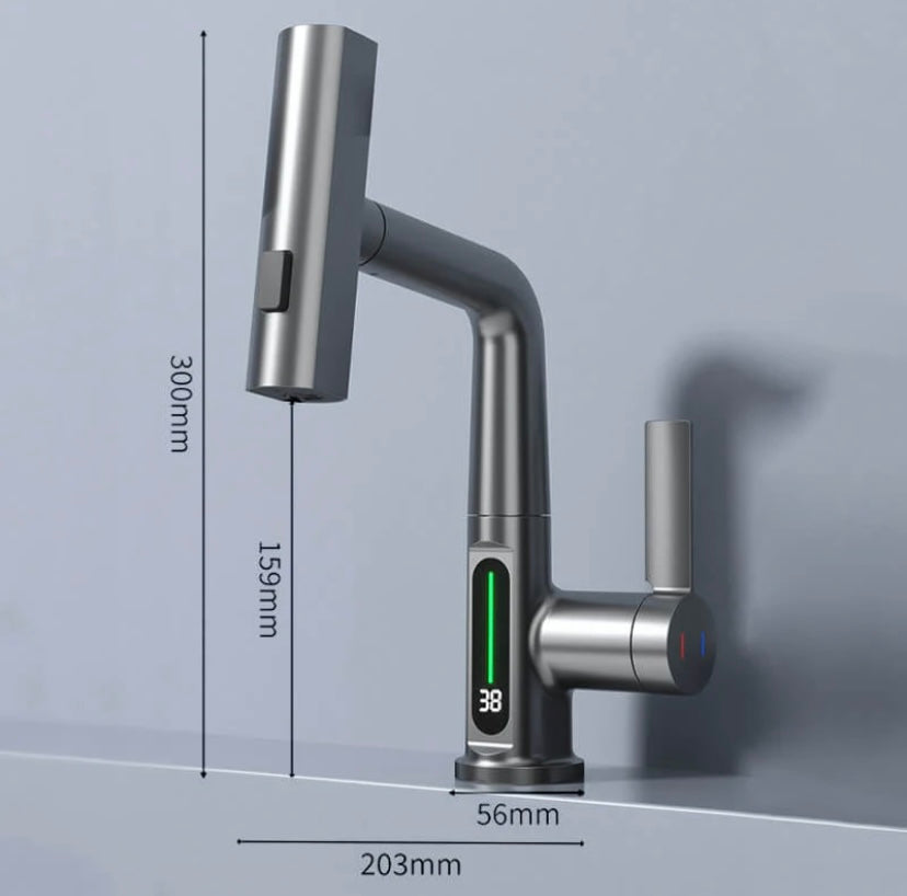 Flexible Kitchen and Bathroom Faucet with LED Temperature Display and Retractable Hose