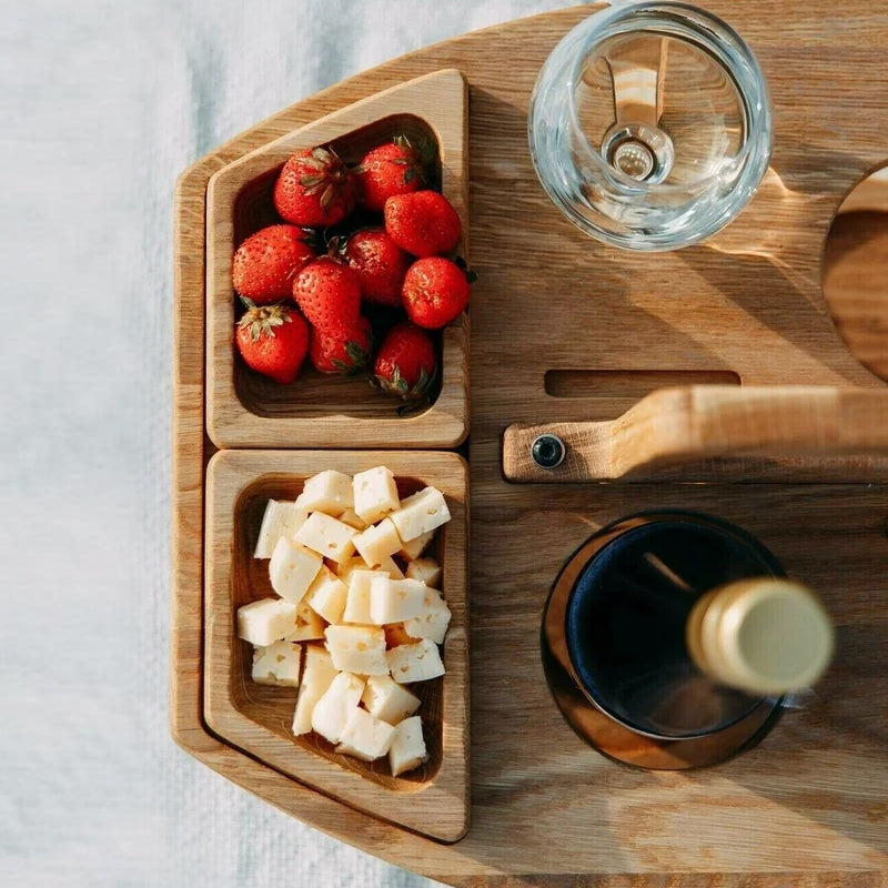 Portable Wooden Picnic Wine Table with Snack and Glass Holders