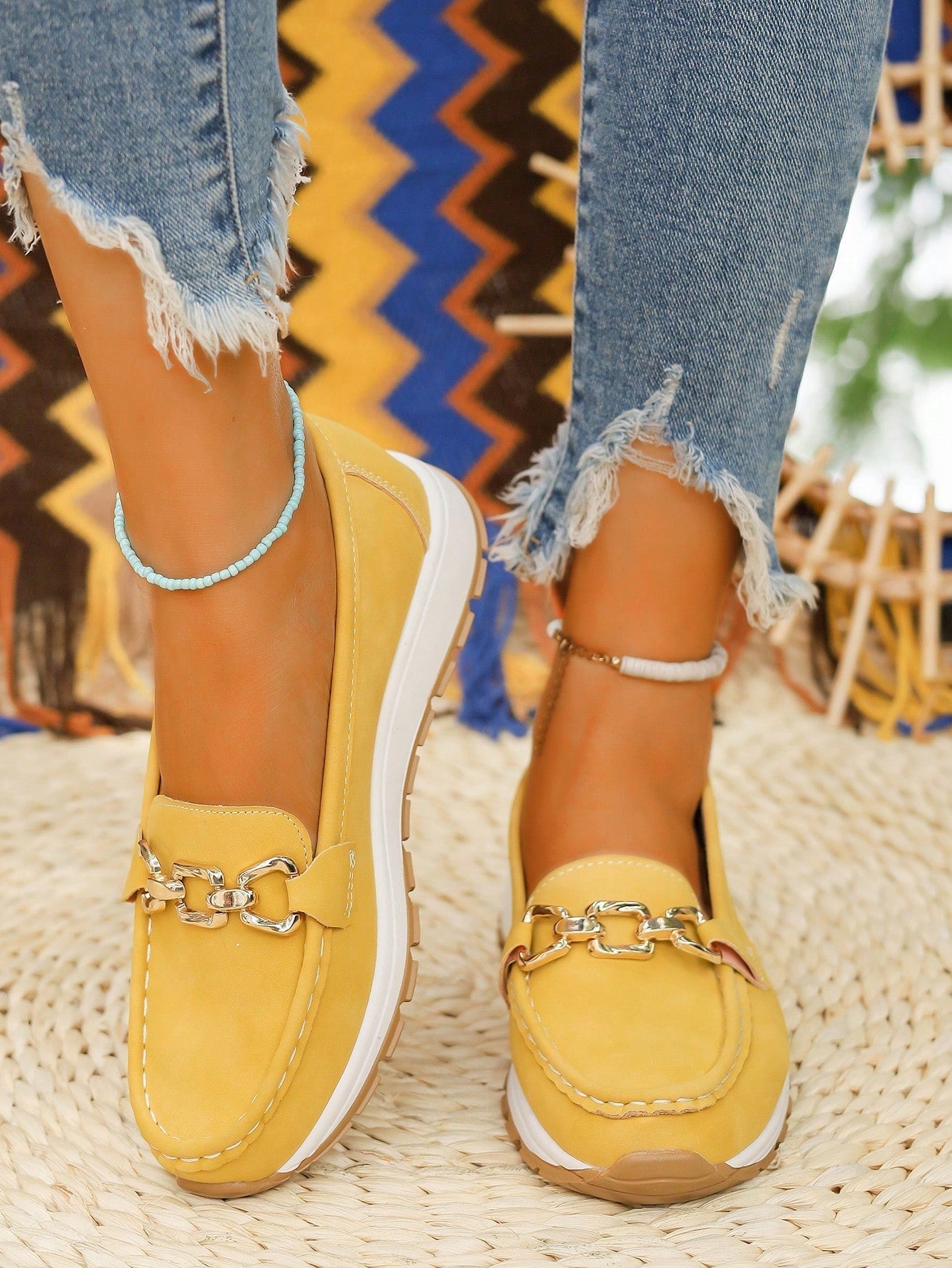 Women's Slip-Resistant Flat Wedge Loafers with Buckle Accent