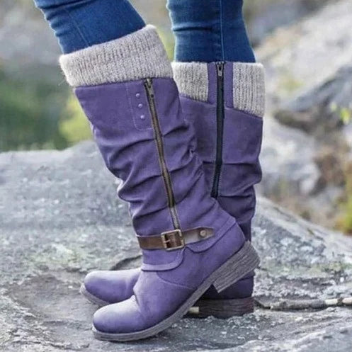 Knee-High Women's Buckle Boots with Knit Cuff