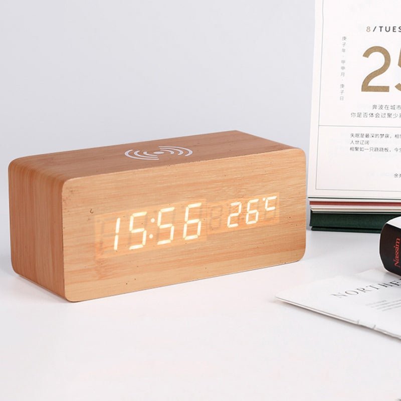 Wooden Electric Alarm Clock with Wireless Charger and Voice Control