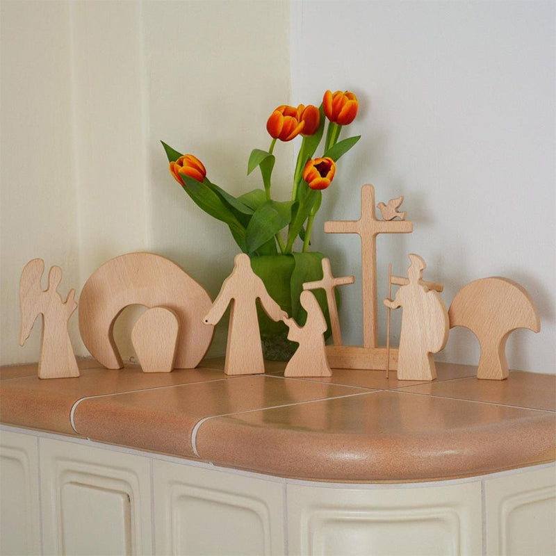Easter Scene Wooden Christian Decor with Removable Cross and Angel