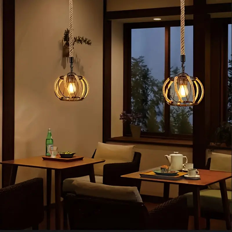 Industrial Pendant Light with Braided Cord and Metal Frame