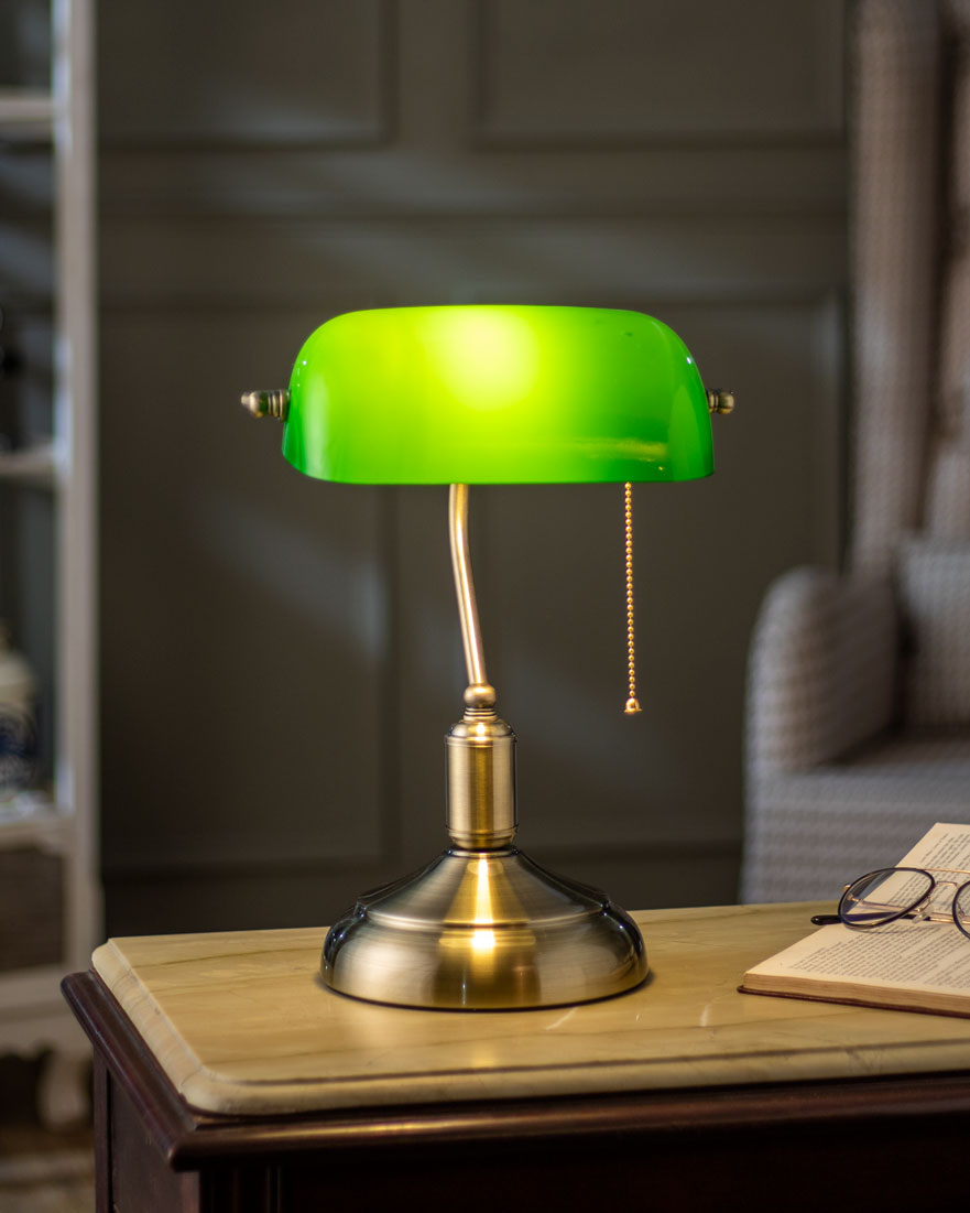 Brass Base Emerald Glass Banker Lamp