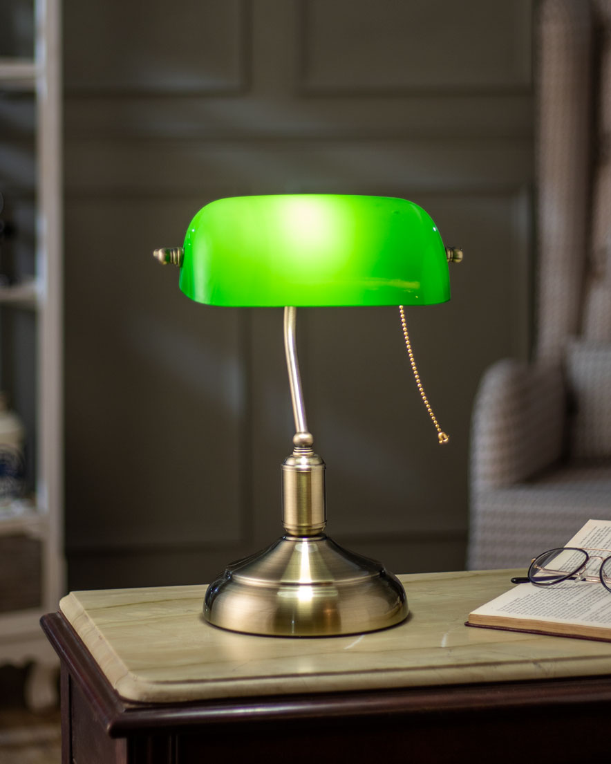 Brass Base Emerald Glass Banker Lamp
