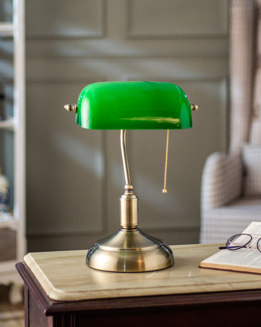Brass Base Emerald Glass Banker Lamp