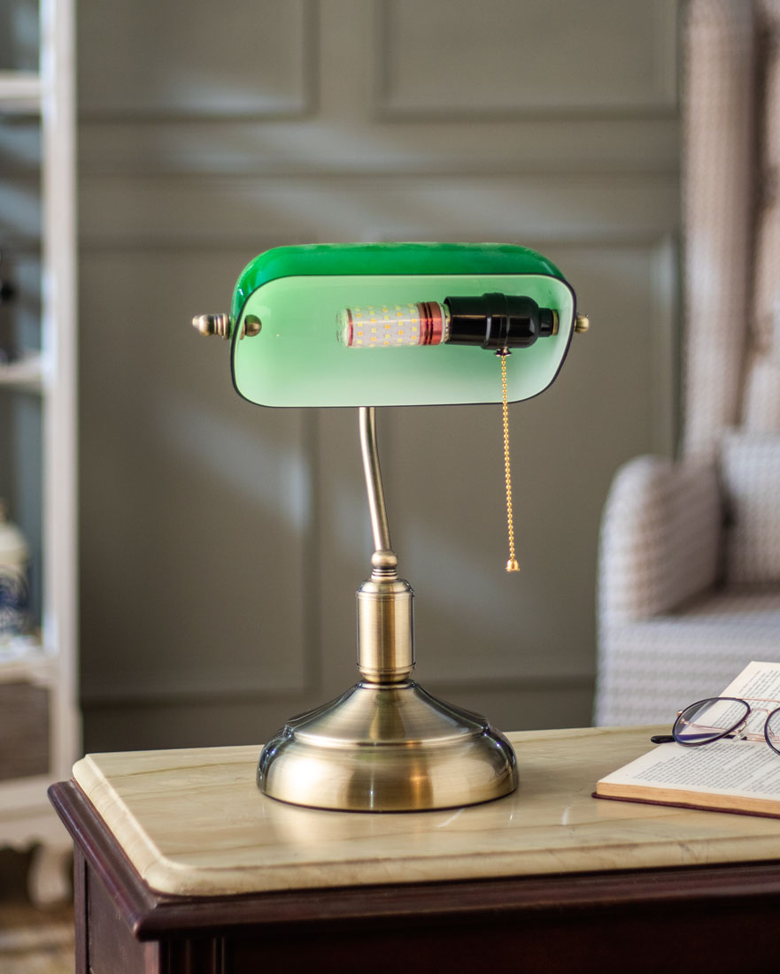 Brass Base Emerald Glass Banker Lamp
