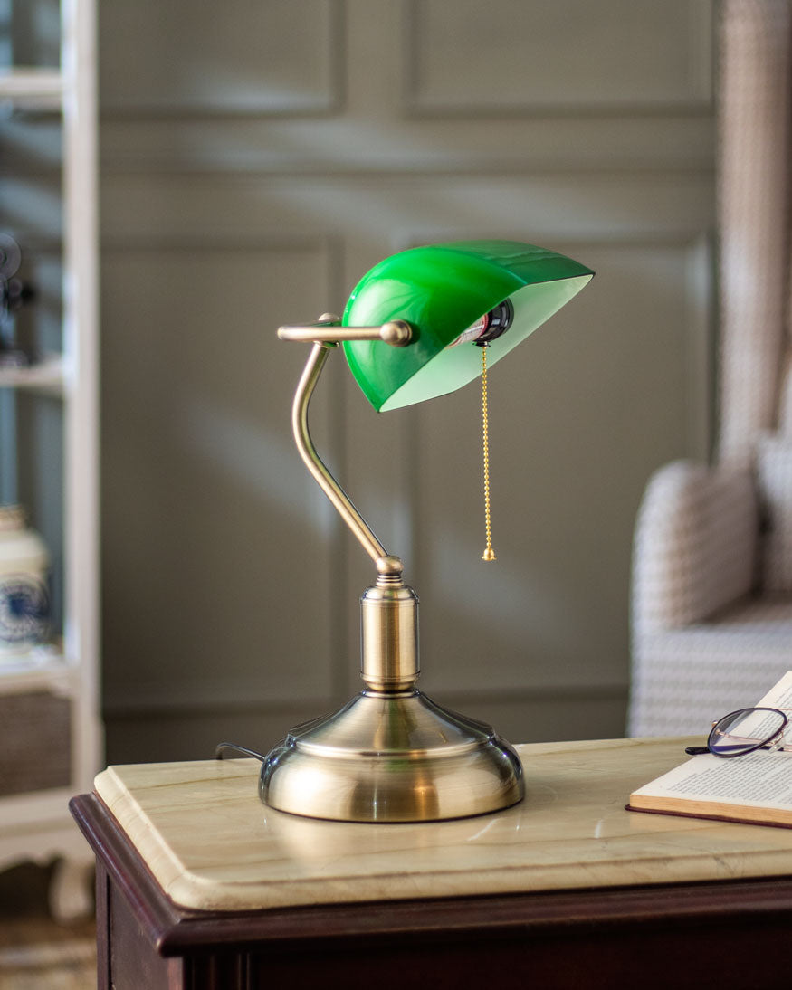 Brass Base Emerald Glass Banker Lamp