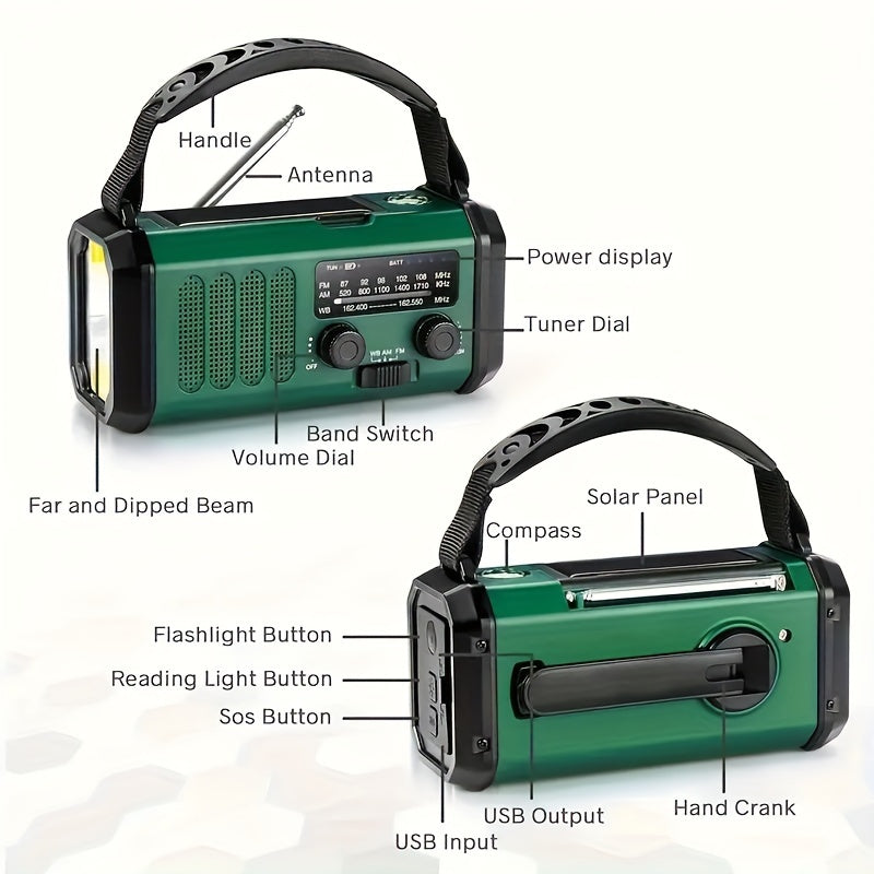 Emergency Solar Crank Radio with 10,000 mAh Power Bank, LED Light, SOS Alarm, and Compass