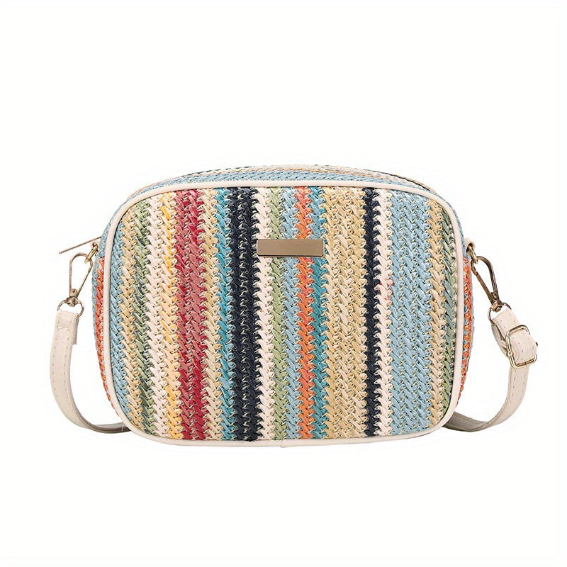 Woven Striped Shoulder Bag for Women with Zipper Closure