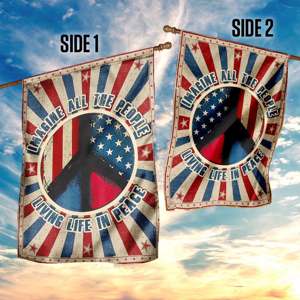 Woodstock Hippie Flag - Imagine All The People Living Life In Peace - Double-Sided Canvas - 3-Day Shipping
