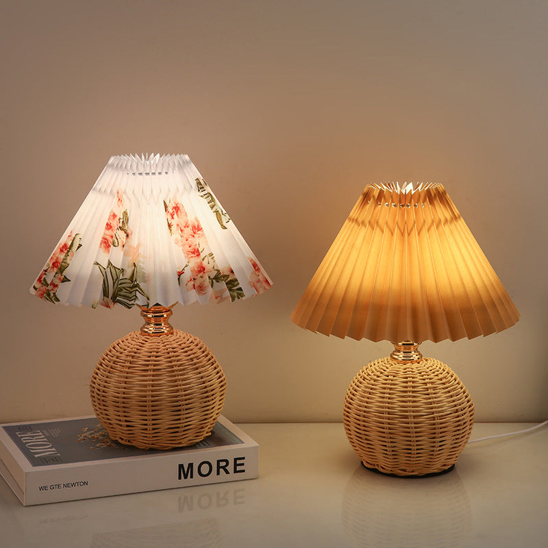 Nordic LED Table Lamp with Woven Rattan Base and Dimmable Fabric Shade