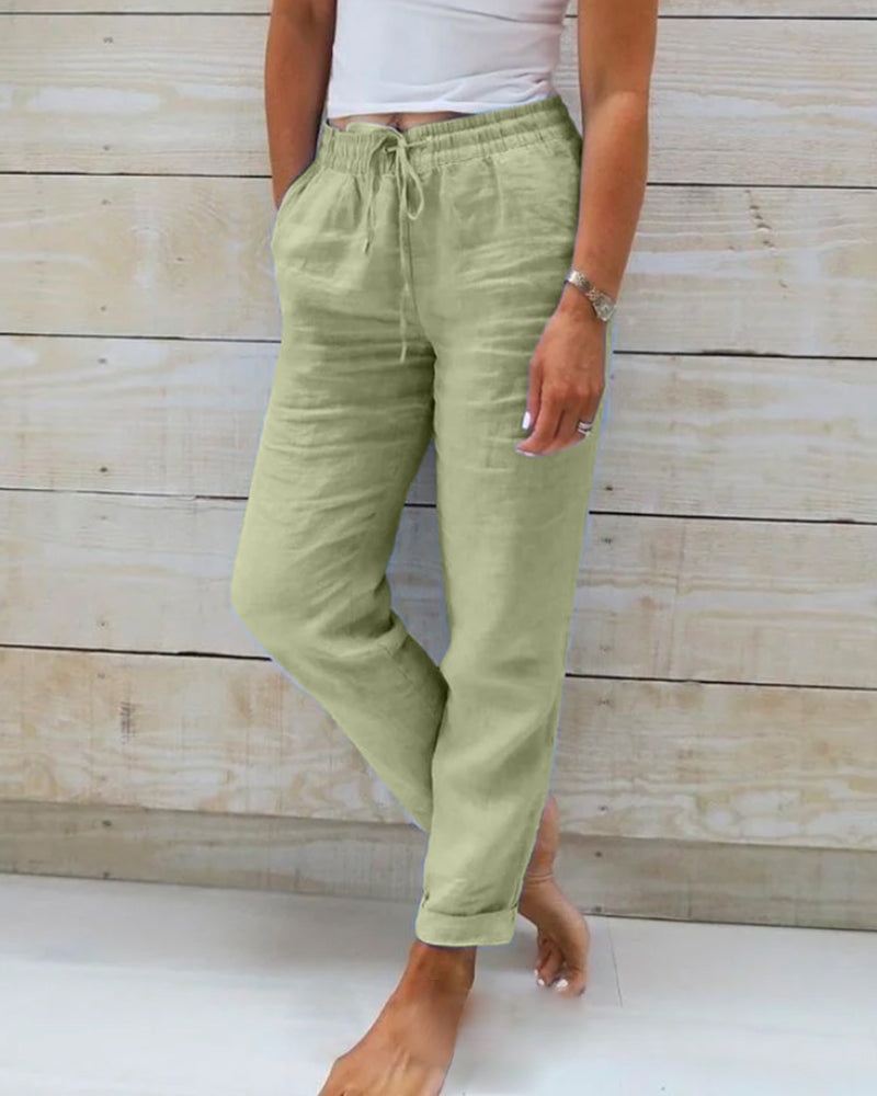 Women's Linen Cotton Pants with Elastic Waist and Drawstring