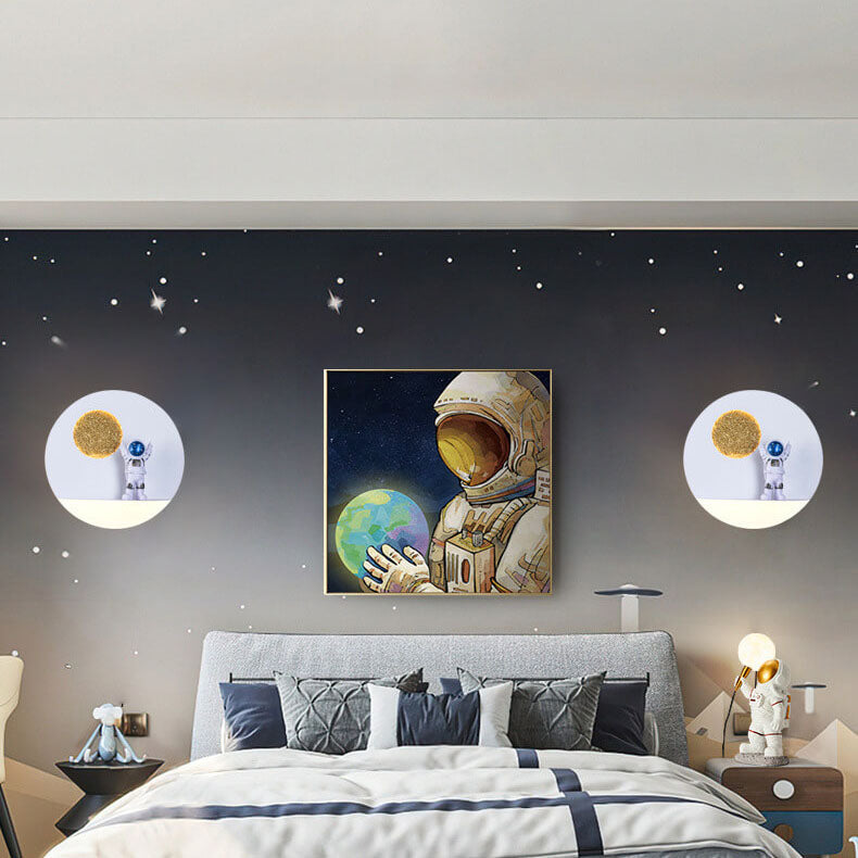 Contemporary Round Astronaut LED Wall Light in Iron and Resin