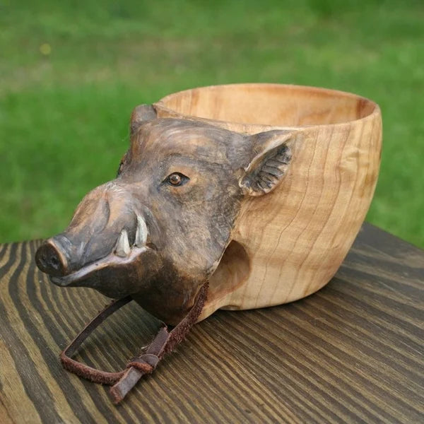 Handcrafted Rubber Wood Travel Cup with Leather Strap