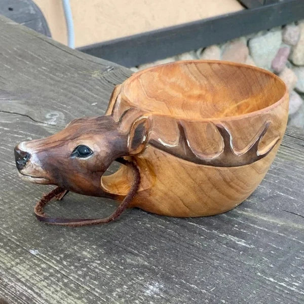 Handcrafted Rubber Wood Travel Cup with Leather Strap