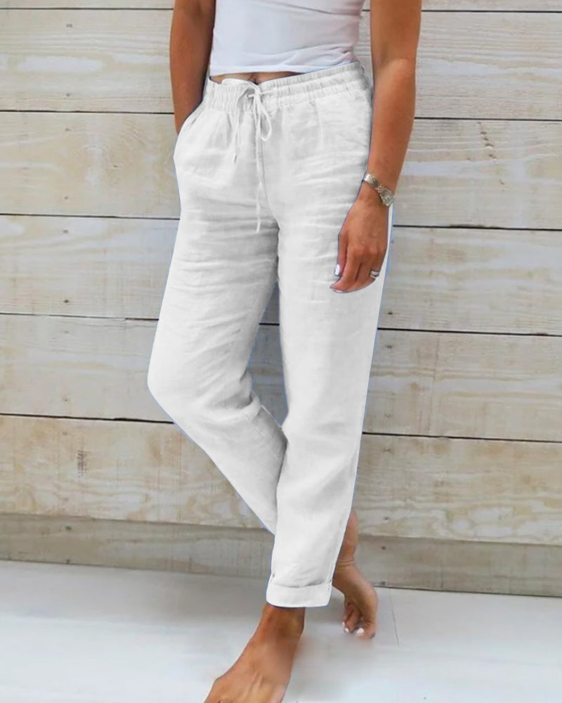 Women's Linen Cotton Pants with Elastic Waist and Drawstring
