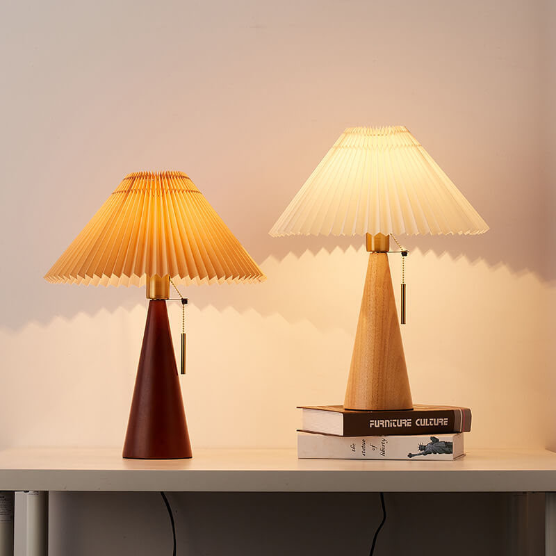 Japanese Minimalist Pleated Table Lamp with Wood Base