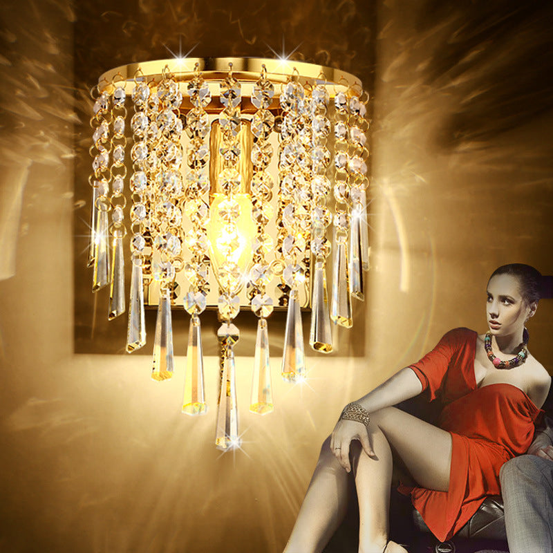 Modern Luxury Semi-Round Octagonal Crystal Wall Sconce Lamp in Stainless Steel