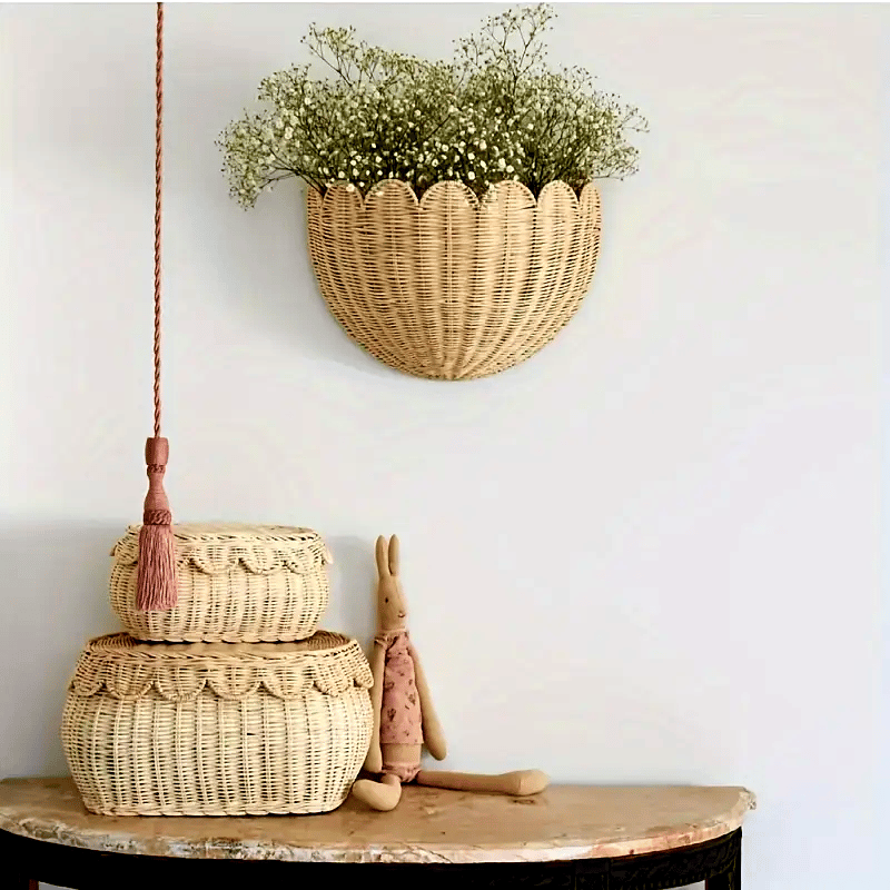 Handwoven Rattan Wall Basket with Scalloped Edge