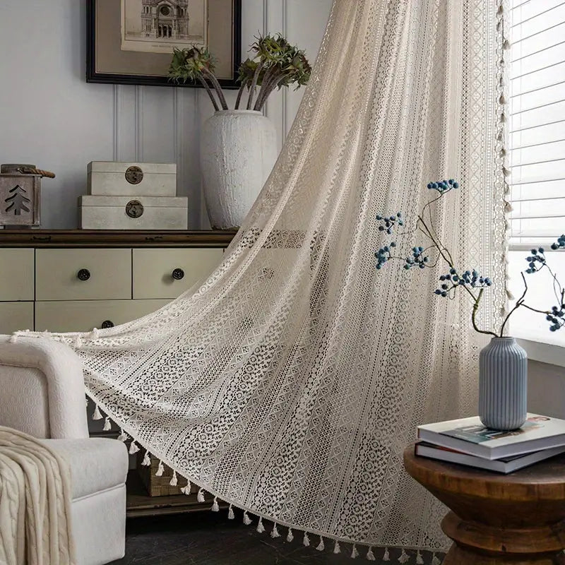 Bohemian Tassel Trim Crochet Curtain