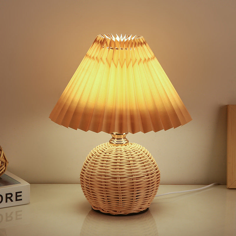 Nordic LED Table Lamp with Woven Rattan Base and Dimmable Fabric Shade