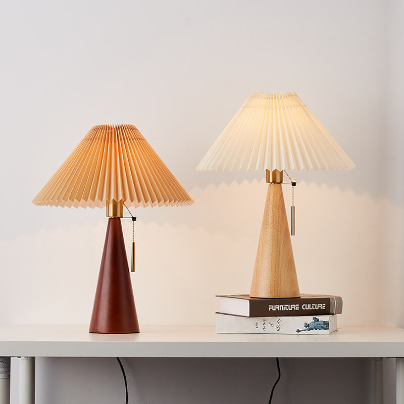 Japanese Minimalist Pleated Table Lamp with Wood Base