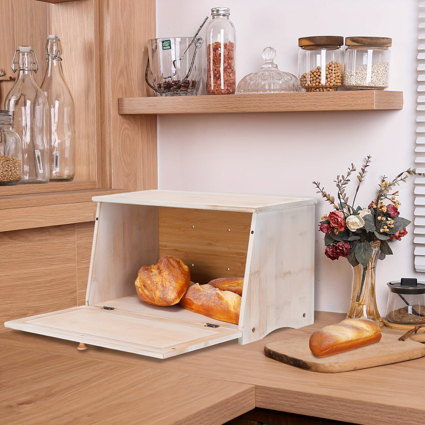 Vintage Black Wooden Bread Box with Drop-Down Door