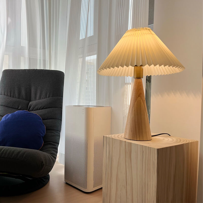 Japanese Minimalist Pleated Table Lamp with Wood Base