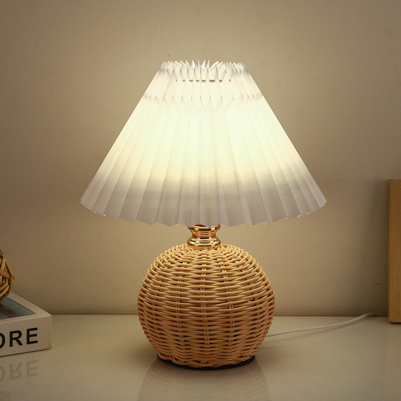 Nordic LED Table Lamp with Woven Rattan Base and Dimmable Fabric Shade