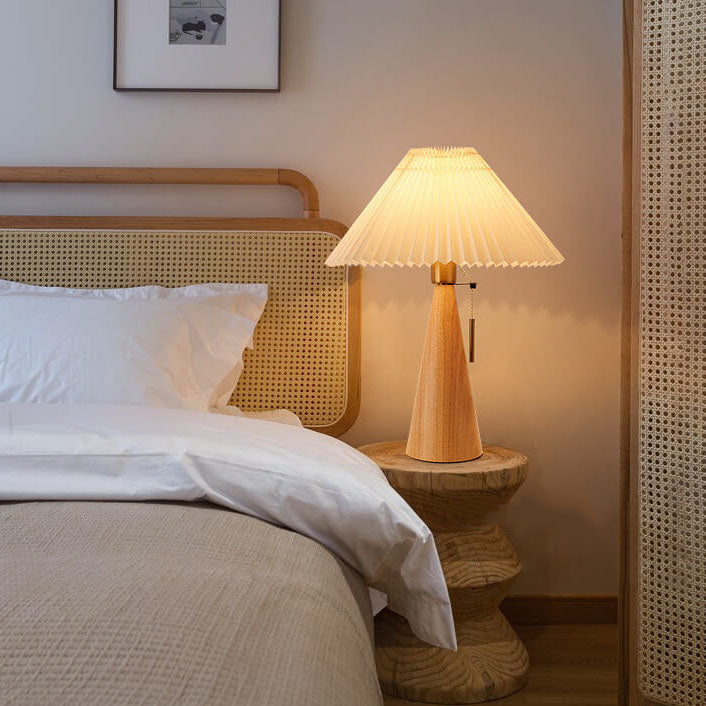 Japanese Minimalist Pleated Table Lamp with Wood Base