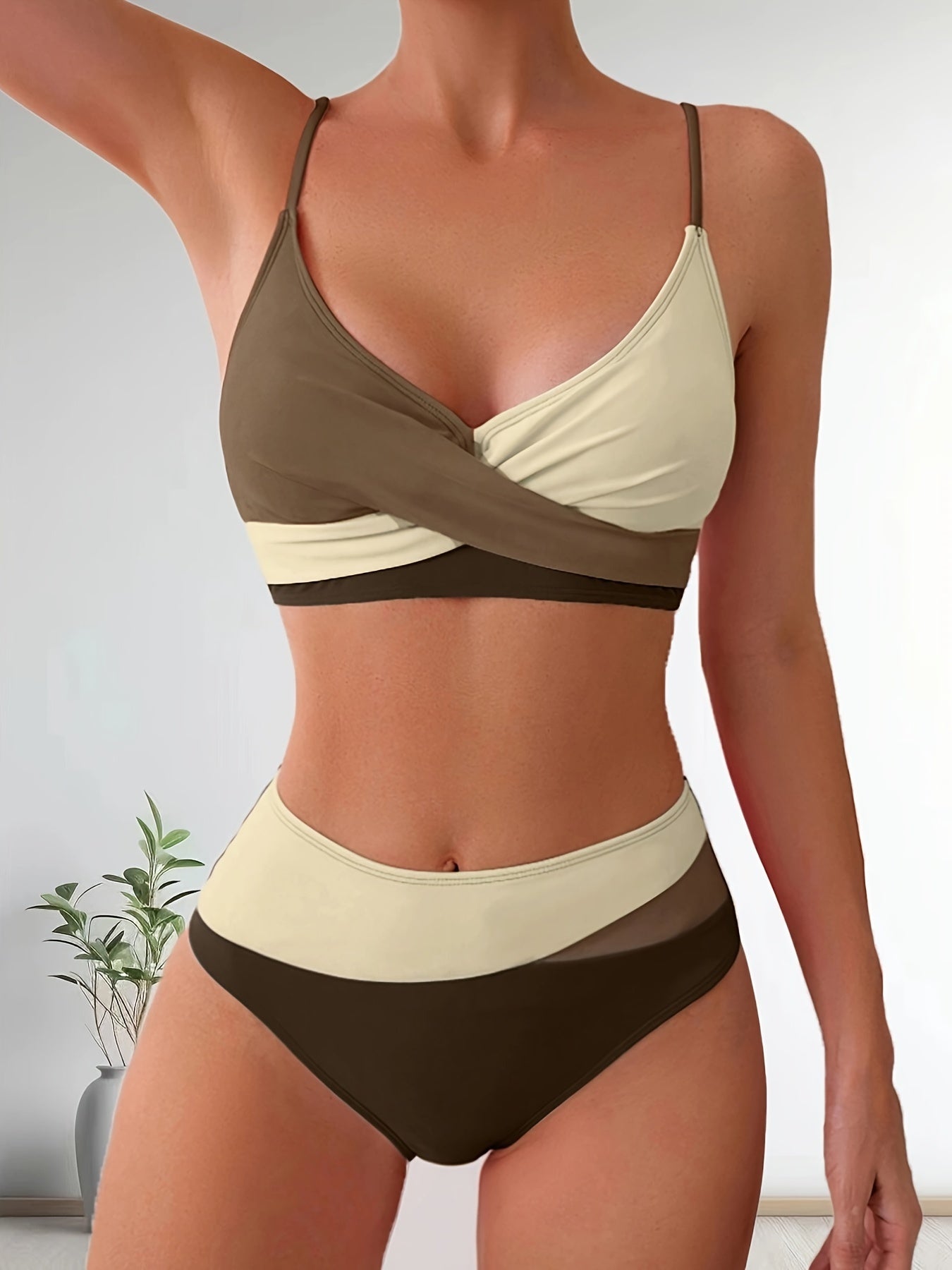 Patchwork V-Neck Bikini Swimsuit with Adjustable Straps