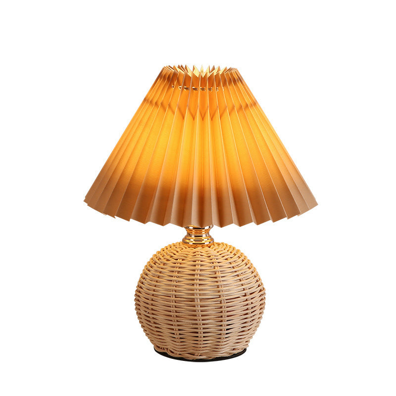 Nordic LED Table Lamp with Woven Rattan Base and Dimmable Fabric Shade