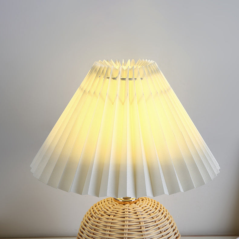 Nordic LED Table Lamp with Woven Rattan Base and Dimmable Fabric Shade