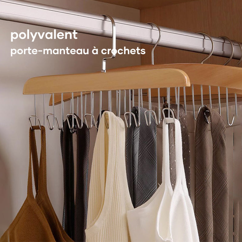 Wooden Multi-Hook Non-Slip Clothes Rack with 360-Degree Rotation