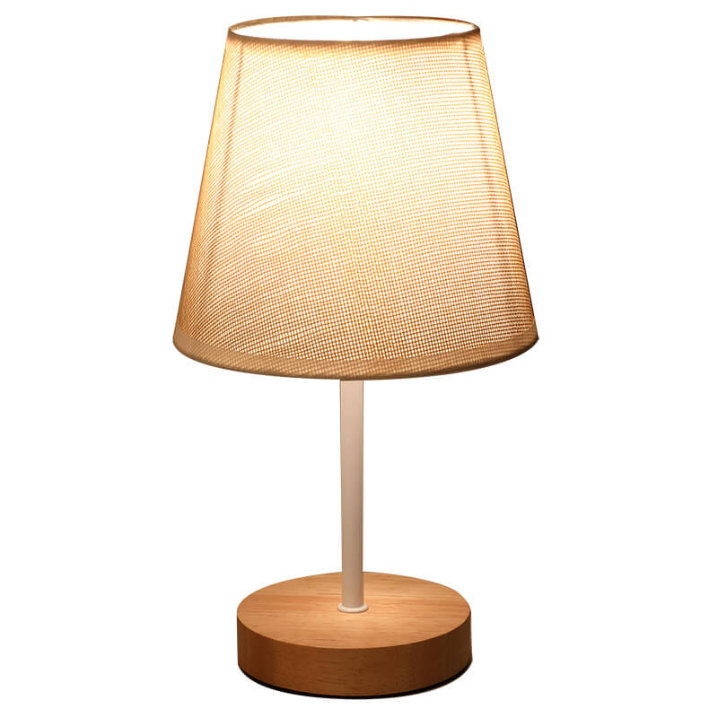 Vintage Fabric Cone Table Lamp with Solid Wood Base and Integrated LED