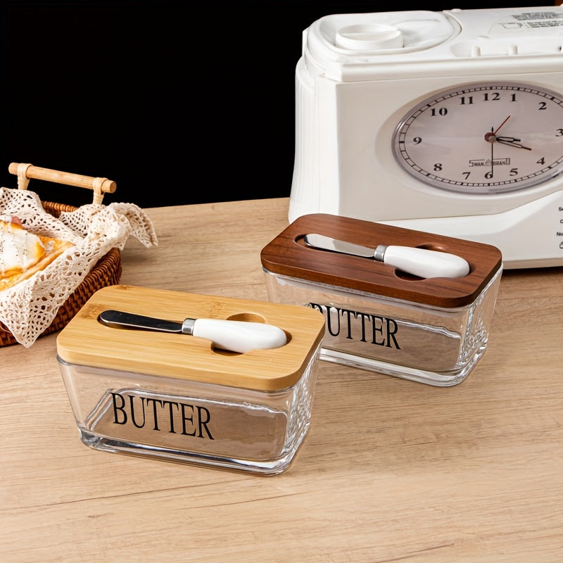 Acacia Wood Lid Glass Butter Dish with Spreader