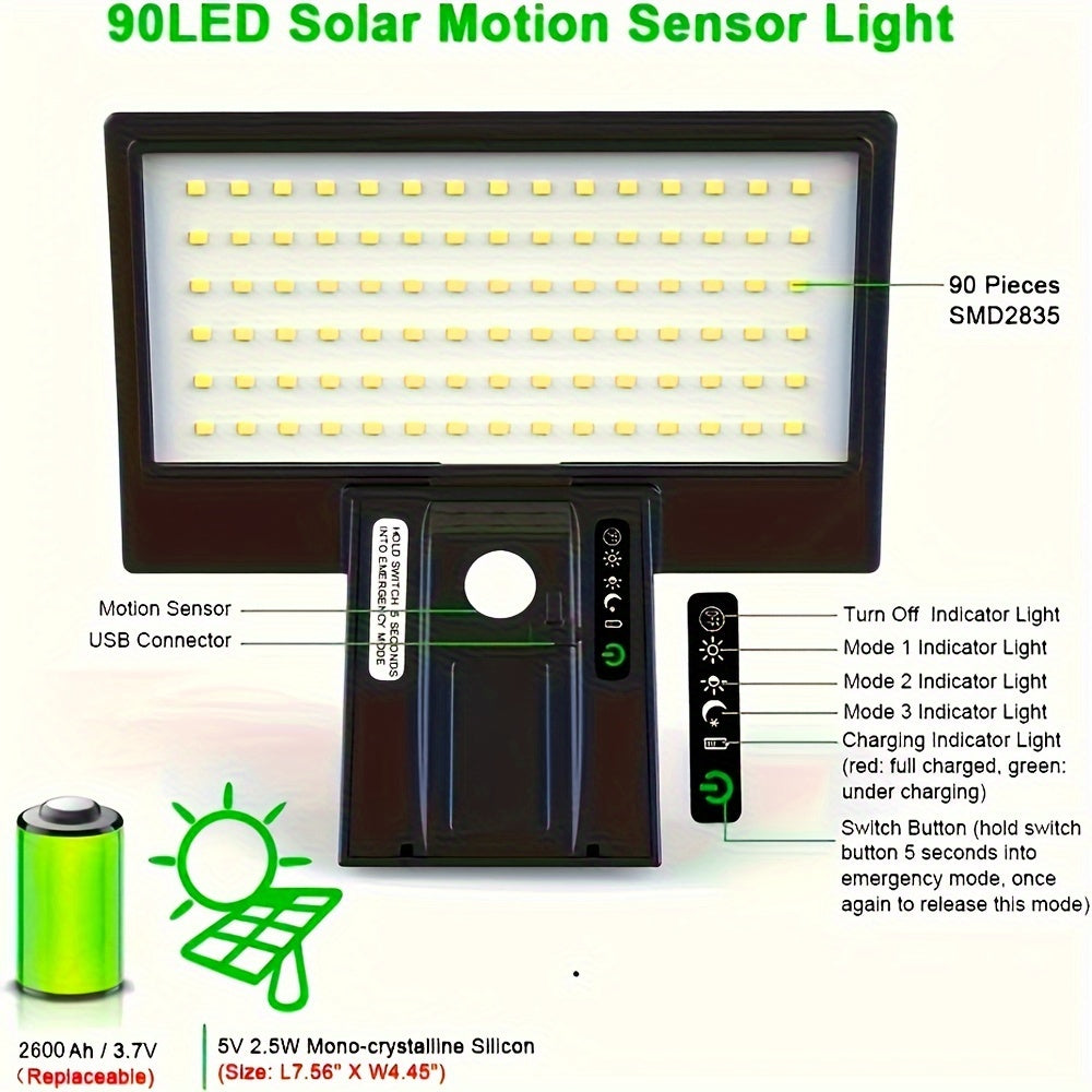 Solar LED Outdoor Motion Sensor Spotlight - 50,000 Hour Lifespan, Waterproof, USB Rechargeable