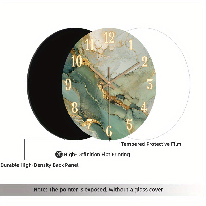 Abstract Marble Wall Clock with Gold Accents - Silent Wooden Round Design