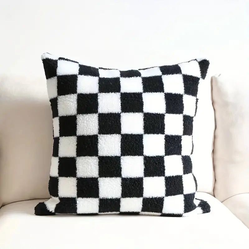 Checkerboard Faux Fur Pillowcase in Khaki and Coffee