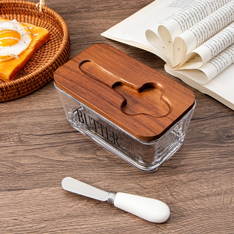 Acacia Wood Lid Glass Butter Dish with Spreader