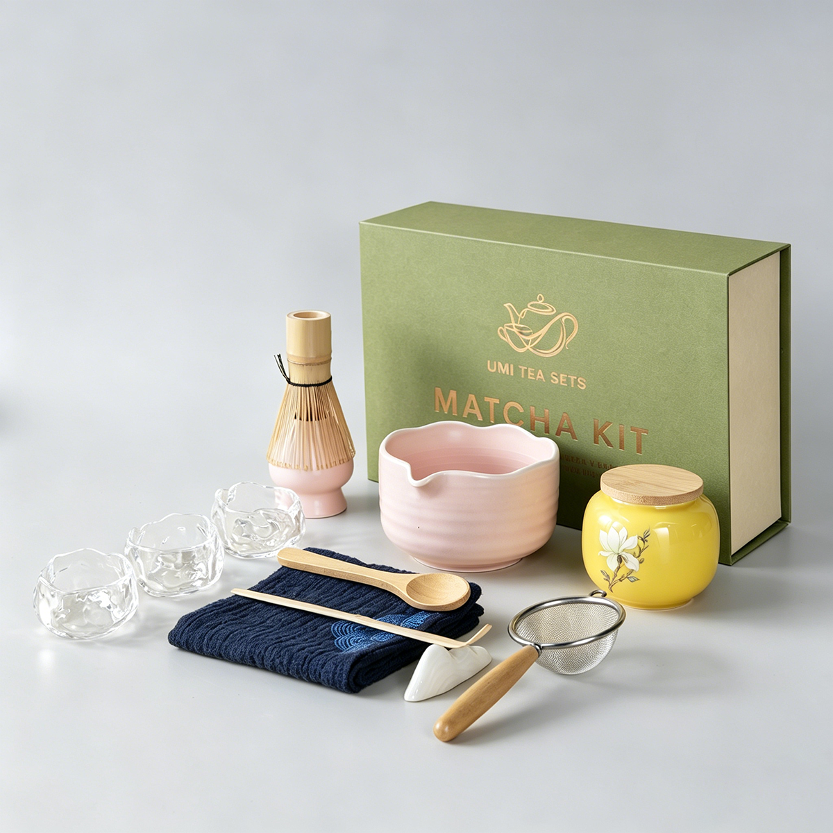 Pink Matcha Green Tea Set with Ceramic Bowl and Bamboo Whisk