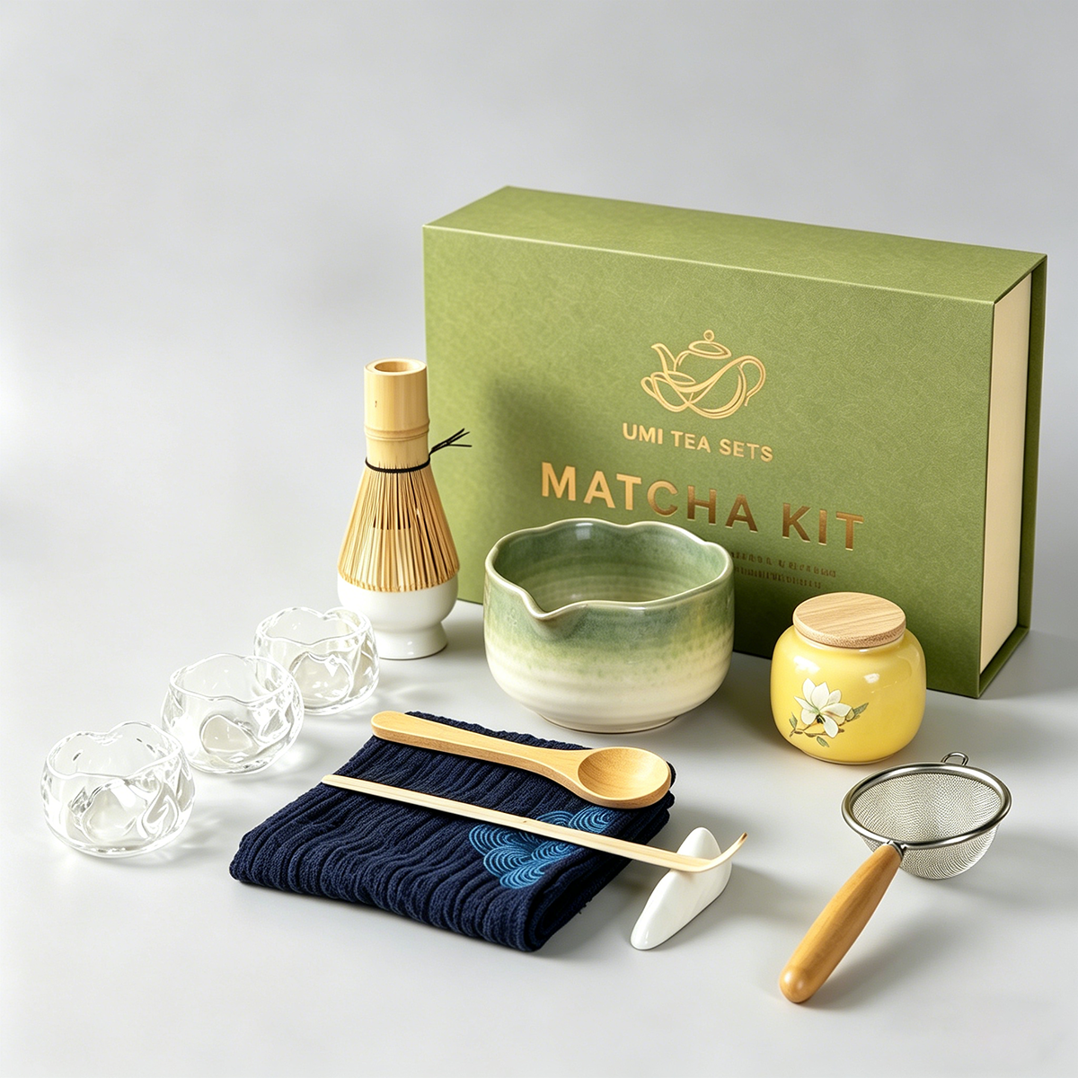 Japanese Ceramic Matcha Tea Set with Kiln-Change Green Glaze