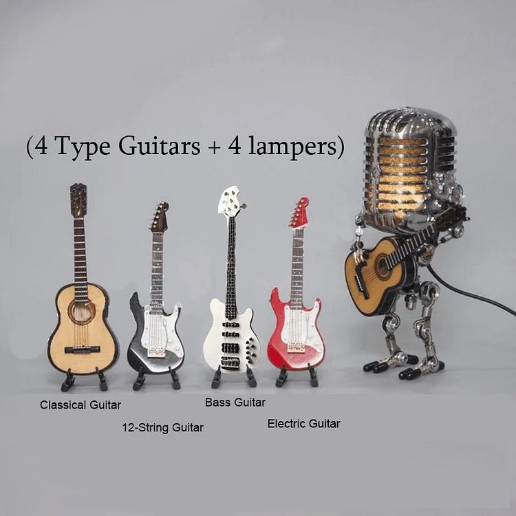Vintage Metal Microphone Robot Lamp with Guitar Design