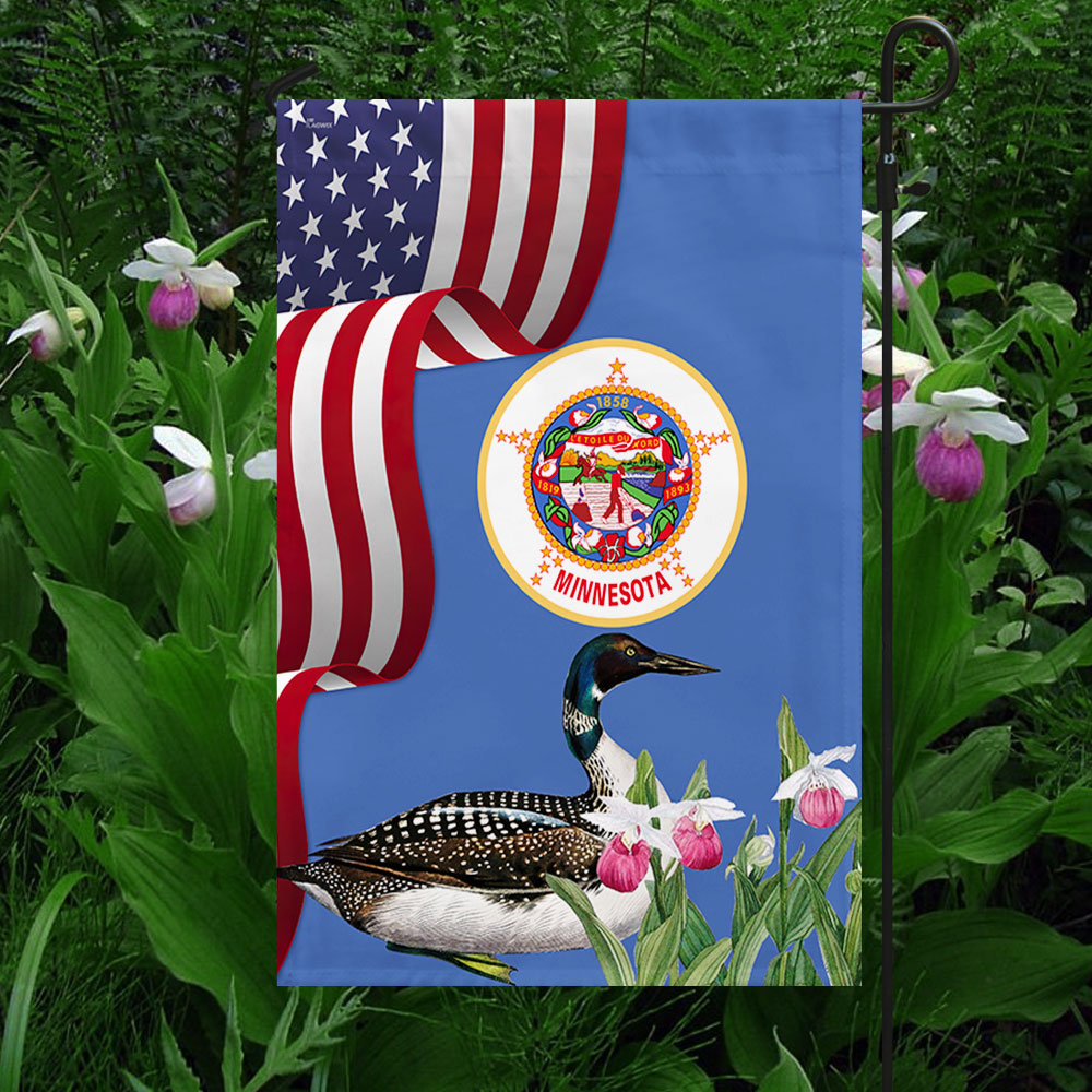Minnesota State Lady's Slipper Flower and Loon Double-Sided Flag