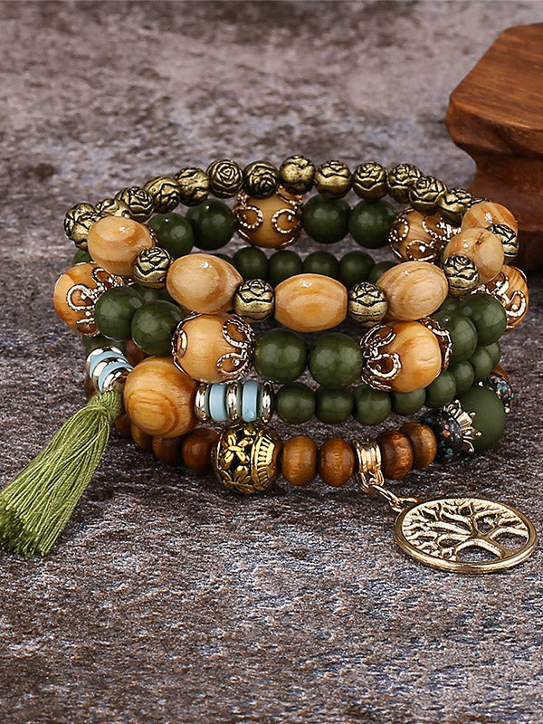 Tree of Life Beaded Bracelet Set with Golden Charm and Tassel