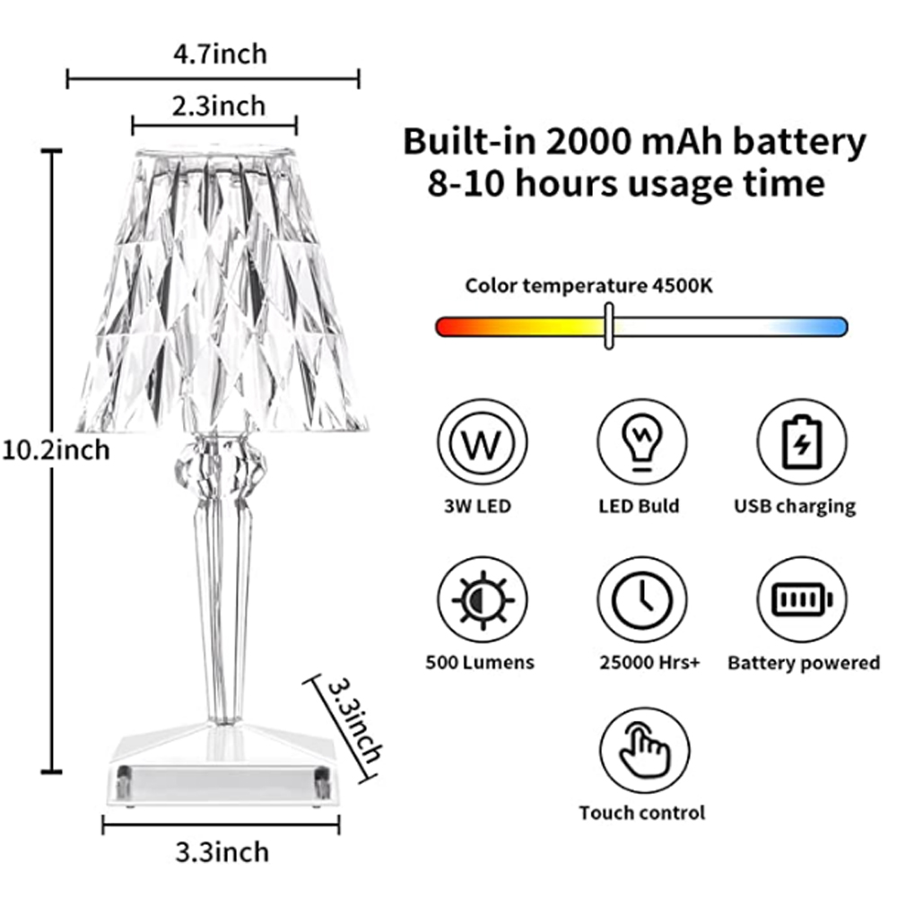 Touch Sensor Crystal Table Lamp with USB Rechargeable Design