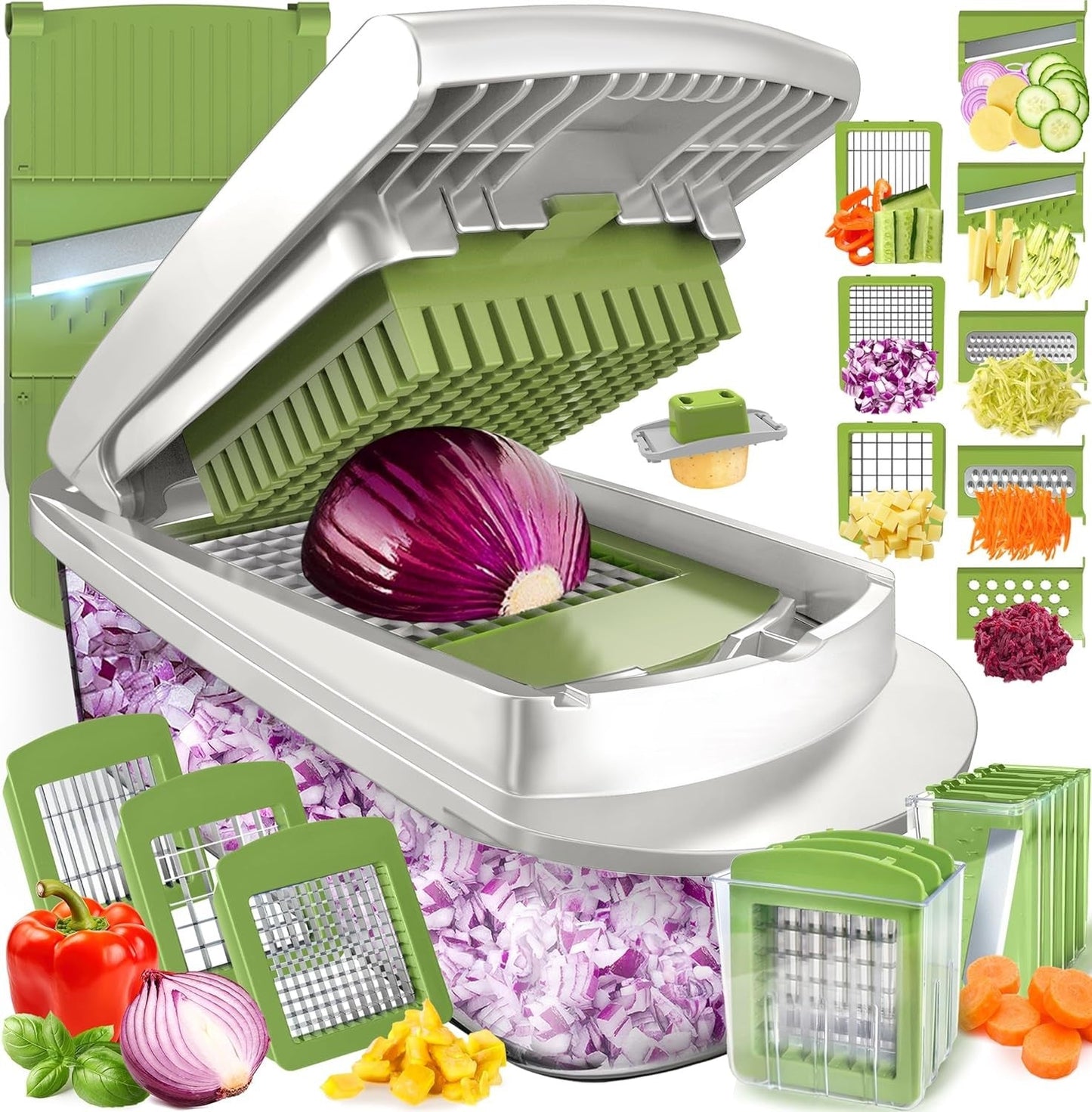 10-in-1 Vegetable Slicer with 8 Interchangeable Blades and Built-in Container