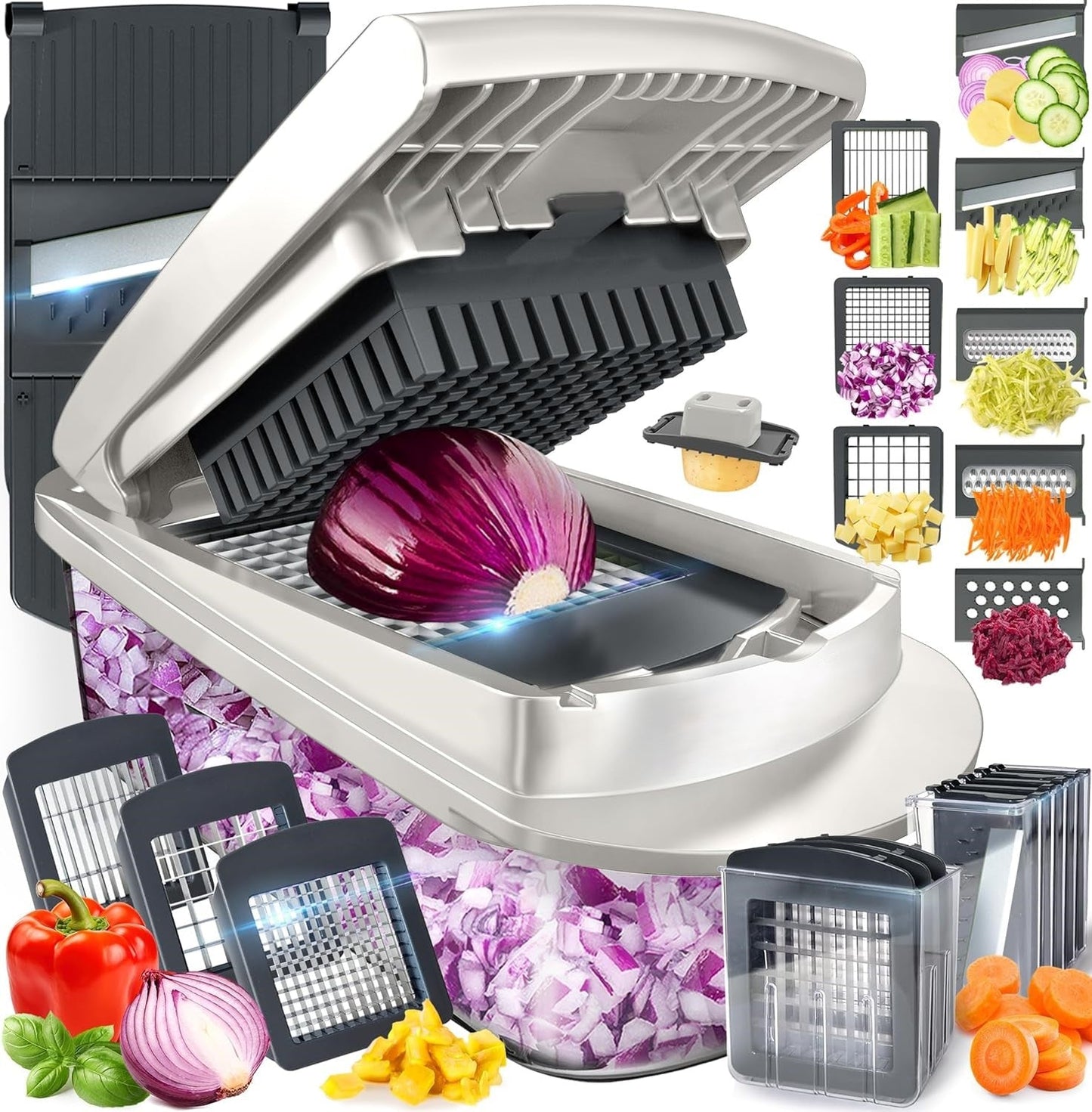 10-in-1 Vegetable Slicer with 8 Interchangeable Blades and Built-in Container