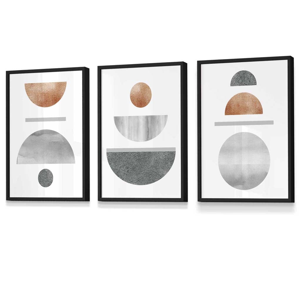 Copper and Gray Mid Century Geometric Framed Wall Art Set of 3